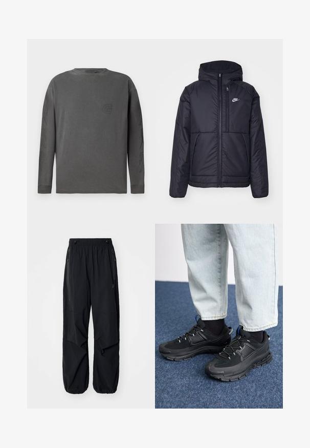 Zwarte, gewatteerde Nike-jas met een voorkant met ritssluiting en capuchon. Kenmerkt zich door een wit logo op de linkerborst en dubbele frontzakken. Gladde buitenkant.; Grijze langemouwen t-shirt van een katoenmix, ronde hals, met een subtiel logo en abstracte ontwerpen op de mouwen; zachte textuur.; Zwarte lichtgewicht cargobroek met een elastische tailleband, zijritsen en ruime zakken. Heeft een losse pasvorm en taps toelopende boorden.; Zwarte sportschoenen met gestructureerde stof en rubberen zolen, met elastische veters en een blauwe accent op de hiel. Draag samen met lichte spijkerbroeken.