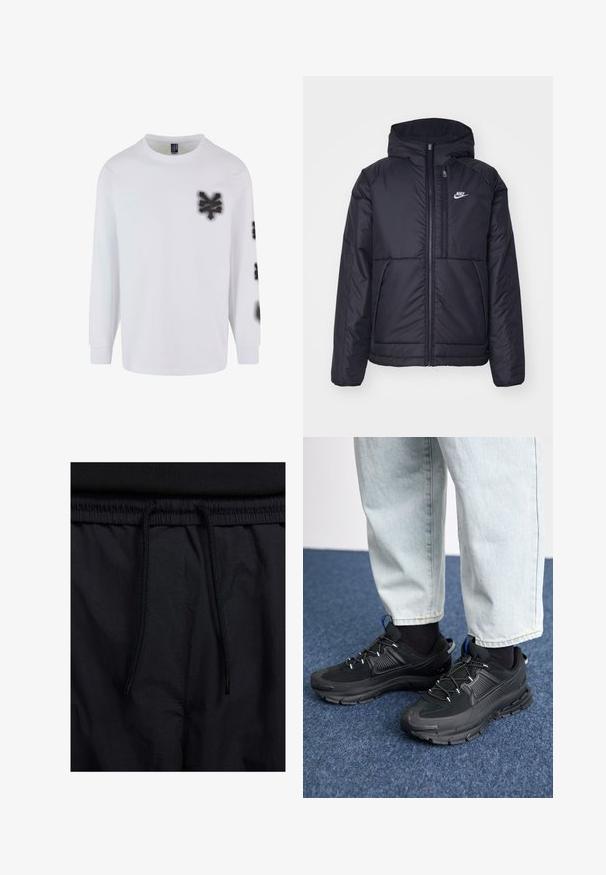 Zwarte, gewatteerde Nike-jas met een voorkant met ritssluiting en capuchon. Kenmerkt zich door een wit logo op de linkerborst en dubbele frontzakken. Gladde buitenkant.; Wit langemouwen T-shirt gemaakt van katoen, met zwarte grafische spuitverf-stijl op de linkerborst en mouw. Klassiek ronde hals ontwerp.; Zwarte shorts met een drawstring tailleband, lichtgewicht stof met een zachte textuur en een eenvoudig ontwerp zonder zichtbare logo's of patronen.; Zwarte sportschoenen met gestructureerde stof en rubberen zolen, met elastische veters en een blauwe accent op de hiel. Draag samen met lichte spijkerbroeken.