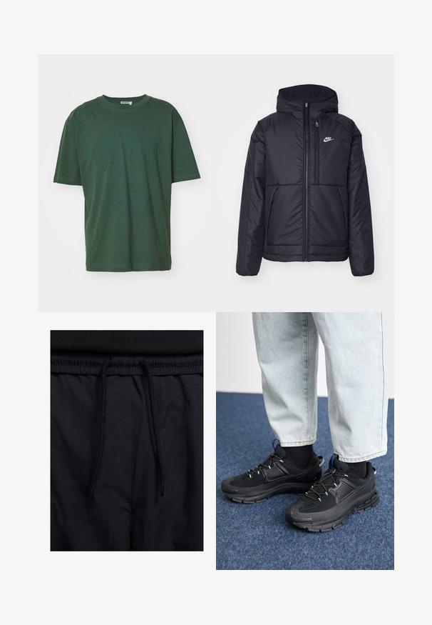 Sort, polstret Nike-jakke med frontlynlås og hætte. Har et hvidt logo på venstre bryst og to frontlommer. Glat ydre tekstur.; Grøn bomulds T-shirt med en klassisk rund hals, korte ærmer og en afslappet pasform. Stoffet har en glat overflade og ingen synlige mønstre.; Sorte shorts med snoretræk i taljen, letvægtsstof med en glat tekstur og et simpelt design uden synlige logoer eller mønstre.; Sorte træningssko med tekstureret stof og gummisåler, udstyret med elastiske snørebånd og en blå detalje på hælen. Bæres med lyse denimbukser.