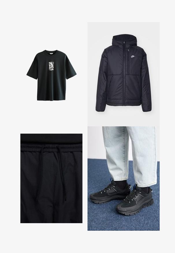 Jachetă Nike neagră, căptușită, cu fermoar pe față și glugă. Prezintă un logo alb pe pieptul stâng și două buzunare frontale. Textură exterioară netedă.; Next JAPANESE SURF GRAPHIC - Tricou cu imprimeu - black; Șorturi negre cu un brâu reglabil, dintr-un material ușor cu o textură netedă și un design simplu, fără logo-uri sau modele vizibile.; Pantofi sport negri, cu țesătură texturată și tălpi din cauciuc, având șireturi elastice și un accent albastru pe toc. Purtați cu pantaloni din denim deschis.