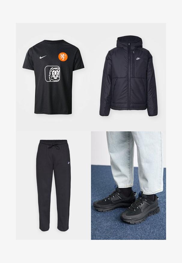 Svart, polstret Nike-jakke med frontglidelås og hette. Har en hvit logo på venstre bryst og doble frontlommer. Glatt ytterside.; Svart Nike fotballdrakt med prikkete tekstur, oransje løveemblem og hvitt løve-logo foran, kortermet, med rund hals.; Sorte sweatpants laget av mykt stoff med elastisk midjebånd, snøring og en liten Nike-logo på venstre lår.; Svarte sportssko med teksturert stoff og gummisåler, med elastiske lisser og en blå detalj på hælen. Brukt med lyse denimbukser.