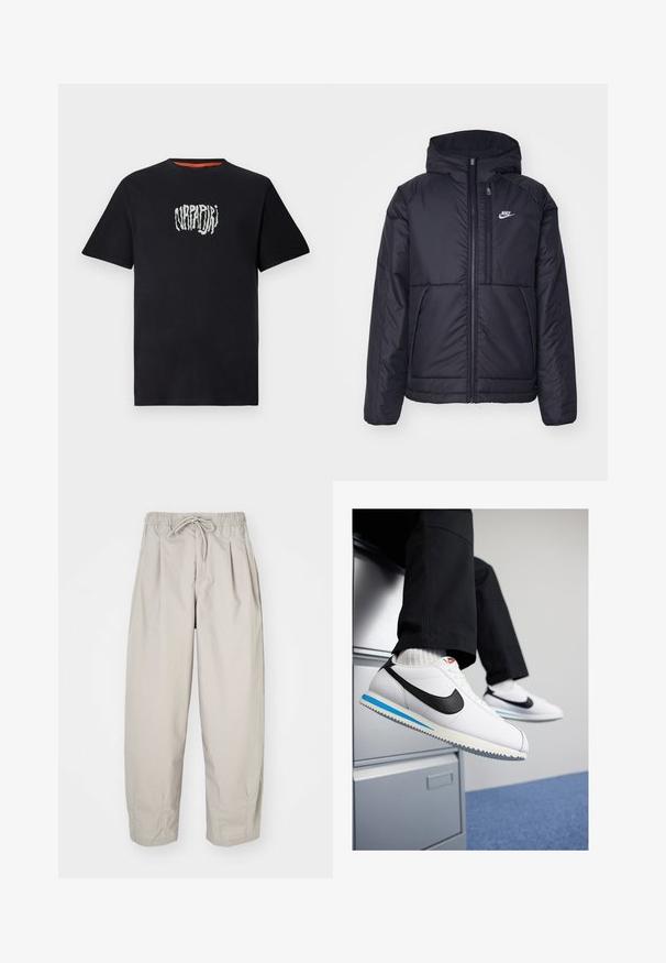 Melna, pufota Nike jaka ar priekšējo rāvējslēdzēju un kapuci. Iezīmēta ar baltu logotipu uz kreisās krūtis un divām priekšējām kabatām. Gluda ārējā tekstūra.; Melnas kokvilnas T-krekls ar apaļu kakla izgriezumu un īsām piedurknēm. Izceltā baltā grafikas logo ir centrā uz krūtīm.; Beige, viegla auduma bikses ar elastīgu jostu un auklu. Iespējas - krokas un brīvs piegriezums, izgatavotas no mīksta, gluda auduma.; Baltas ādas sporta apavi ar melnu Nike zīmi, gaiši zilu un pelēku gumijas zoli un klasisku auklu dizainu. Kājām atpūšoties uz dokumentu skapja.