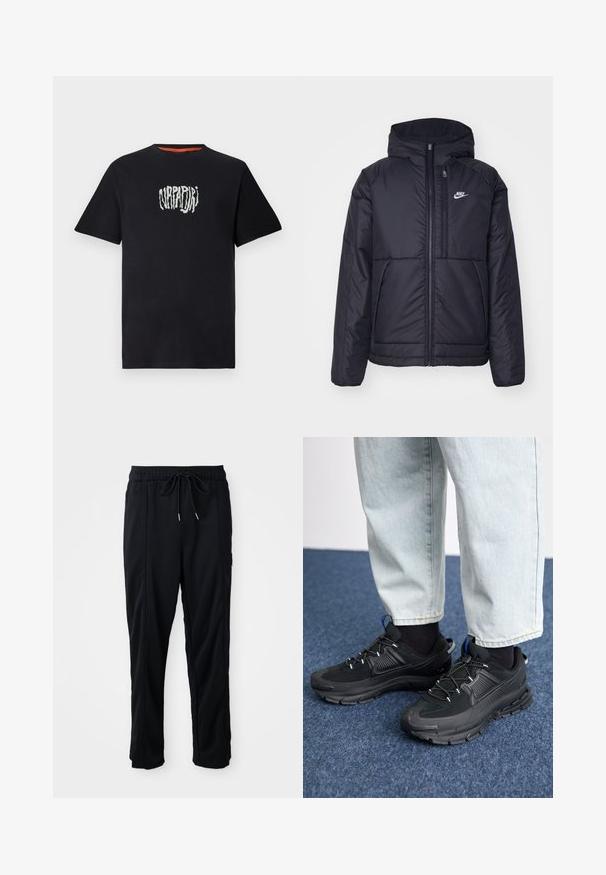 Casaco Nike preto, acolchoado, com fecho à frente e capuz. Apresenta um logo branco no lado esquerdo do peito e dois bolsos frontais. Textura exterior lisa.; T-shirt de algodão preta com decote redondo e mangas curtas. Apresenta um logótipo gráfico em branco texturizado centrado no peito.; Calças casuais pretas com cordão na cintura, com bolsos laterais e corte reto, sobre um fundo simples.; Sapatilhas desportivas pretas com tecido texturizado e solas em borracha, apresentando atacadores elásticos e um detalhe azul no calcanhar. Usadas com calças de ganga claras.