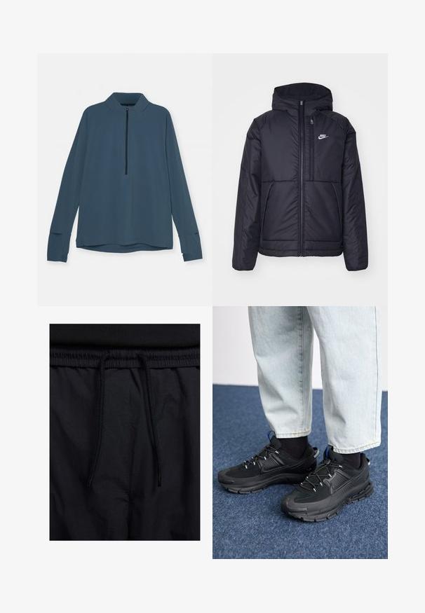 Black, padded Nike jacket with a front zipper and hood. Features a white logo on the left chest and dual front pockets. Smooth exterior texture.; Long-sleeve pullover in dark blue fabric, featuring a zip collar, raglan sleeves, and slits at the cuffs. Smooth, lightweight texture.; Black shorts featuring a drawstring waistband, lightweight fabric with a smooth texture, and a simple design without visible logos or patterns.; Black athletic shoes with textured fabric and rubber soles, featuring elastic laces and a blue accent on the heel. Worn with light denim pants.