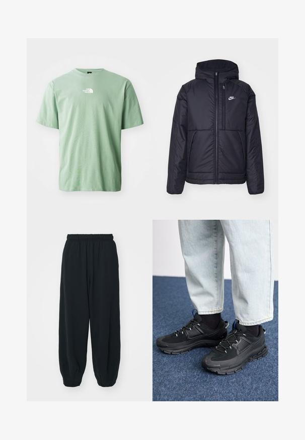 Must musta Nike jope, millel on ees lukuga avamine ja kapuuts. Vasakpoolne rind on kaunistatud valge logoga ning ees on kaks taskut. Sile välimine tekstuur.; Hele roheline puuvillane T-särk lühikeste varrukatega, ümmarguse kaelusega ja väikese valge logoga rinnal. Pehme tekstuur, mugav lõige.; Mustade elastse vöökoha ja laia lõikega dressipüksid, mansetiga sääred, sile tekstuur ning ilma nähtavate mustrite või detailideta.; Mustad mustad jooksukingad, millel on tekstureeritud kangas ja kummist tallad, elastsed nöörid ning sinine aksent kandadel. Kandmine heledate teksadega.