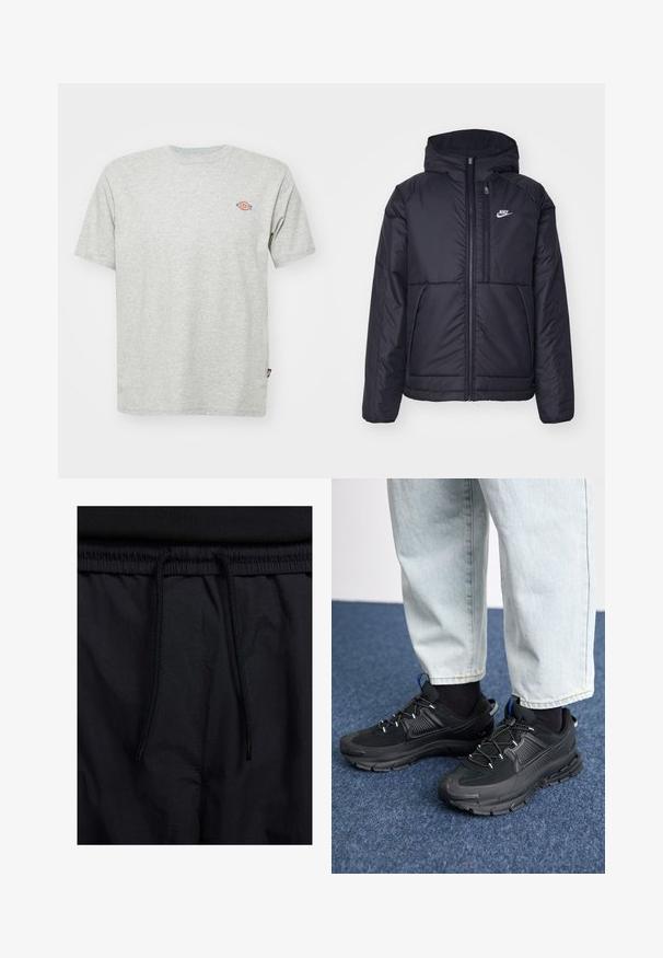 Černá zateplená bunda Nike s předním zipem a kapucí. Na levé straně hrudi má bílé logo a dvojité přední kapsy. Hladký povrch.; Šedé bavlněné tričko s kulatým výstřihem, krátkými rukávy a malým barevným logem na hrudi. Měkká textura, volný střih a bez vzorů.; Černé šortky s páskem na šňůrku, lehký materiál s hladkou texturou a jednoduchý design bez viditelných log nebo vzorů.; Černé sportovní boty s texturovanou tkaninou a gumovou podrážkou, s elastickými tkaničkami a modrým akcentem na patě. Nosí se s světlými džíny.