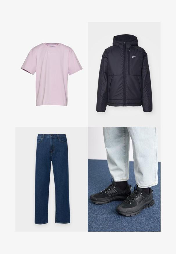 Fekete, párnázott Nike dzseki elülső cipzárral és kapucnival. A bal mellen fehér logó található, valamint két elülső zseb. Simának tűnő külső felület.; Levendula színű, rövid ujjú pamut póló, fehér logóval a mellrészen, laza szabású és kerek nyakú.; Sötétkék, egyenes szárú farmernadrág, elülső zsebekkel és gombos záródással, sima fehér háttéren bemutatva.; Fekete sportcipők texturált anyaggal és gumitalppal, elasztikus fűzőkkel és kék kiegészítővel a saroknál. Világos farmernadrággal viselve.
