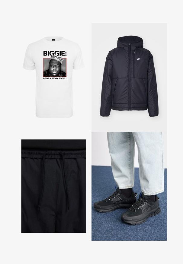 Juodas, paminkštintas Nike džemperis su priekyje užtrauktuku ir gobtuvu. Pasižymi balta logo kairėje krūtinės pusėje ir dviem priekinėmis kišenėmis. Su lygiu išoriniu paviršiumi.; Balta medvilninė marškinėlių palaidinė su juodai baltu piešiniu, kuriame pavaizduotas vyras su karūna, o apačioje ryškiais juodais rašmenimis parašyta "BIGGIE:" ir "I GOT A STORY TO TELL".; Juodos šortai su raišteliu juosmens srityje, lengva medžiaga su lygiu paviršiumi ir paprastas dizainas be matomų logotipų ar raštų.; Juodi sportiniai bateliai su tekstūruota medžiaga ir guminiais padais, su elastingomis raišteliais ir mėlynu akcentu ant kulno. Dėvimi su šviesiai mėlynomis džinsinėmis kelnėmis.