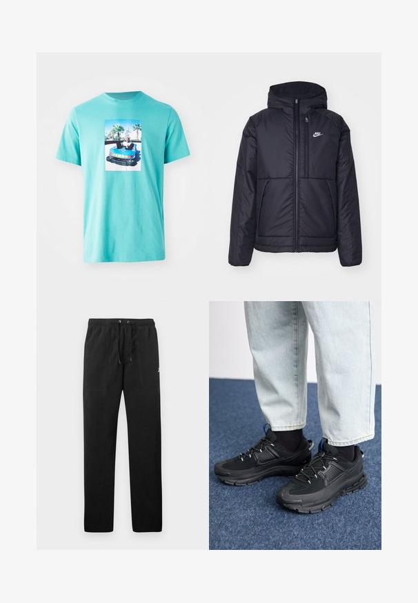 Juodas, paminkštintas Nike džemperis su priekyje užtrauktuku ir gobtuvu. Pasižymi balta logo kairėje krūtinės pusėje ir dviem priekinėmis kišenėmis. Su lygiu išoriniu paviršiumi.; Turkio spalvos medvilnės marškinėliai su stačiakampiu grafiniu atspaudu, vaizduojančiu žmogų spalvingame bumper car, apsuptame palmių.; Juodos vilnonės kelnės su elastiniu juosmeniu ir raišteliais, dviem priekinėmis kišenėmis ir maža slogo ant šlaunies.; Juodi sportiniai bateliai su tekstūruota medžiaga ir guminiais padais, su elastingomis raišteliais ir mėlynu akcentu ant kulno. Dėvimi su šviesiai mėlynomis džinsinėmis kelnėmis.