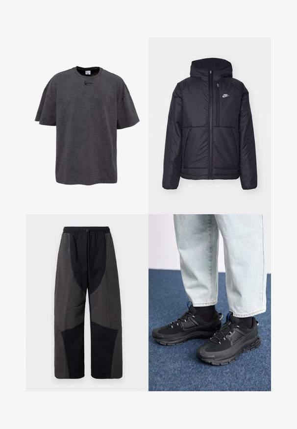 Jachetă Nike neagră, căptușită, cu fermoar pe față și glugă. Prezintă un logo alb pe pieptul stâng și două buzunare frontale. Textură exterioară netedă.; Tricou oversized gri, fabricat dintr-un amestec de bumbac, având guler rotund și mâneci scurte. Are un logo brodat discret pe piept.; Pantaloni negri cu accente de fleece, cu o croială lejeră, având panouri din țesătură gri închis contrastantă și un brâu cu șnur ajustabil.; Pantofi sport negri, cu țesătură texturată și tălpi din cauciuc, având șireturi elastice și un accent albastru pe toc. Purtați cu pantaloni din denim deschis.