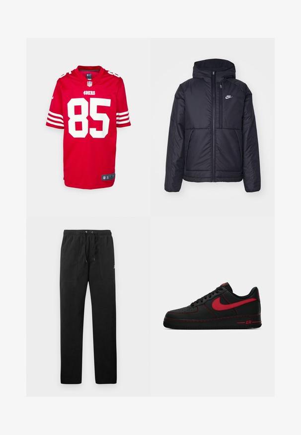 Chaqueta acolchada negra de Nike con cremallera frontal y capucha. Presenta un logo blanco en el lado izquierdo del pecho y dos bolsillos frontales. Textura exterior suave.; Camiseta roja de la NFL con acentos blancos que presenta el número "85" y "49ERS" impresos en el frente. Mangas cortas con franjas blancas, logotipo de Nike en el cuello.; Pantalones deportivos negros de felpa, con una cinturilla elástica con cordones, dos bolsillos delanteros y un pequeño logo en el muslo.; Zapatillas Nike Air Force 1 de cuero negro con acentos rojos, que cuentan con una textura suave, puntera perforada y costuras rojas en contraste.