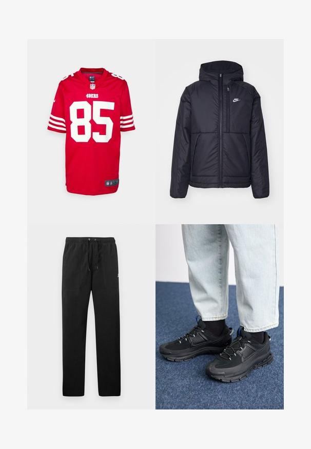 Musta, pehmustettu Nike-takki, jossa on etuvetoketju ja huppu. Vasemmassa rinnassa on valkoinen logo ja takissa on kaksinkertaiset etutaskut. Pintakoe on sileä.; Punainen NFL-paita, jossa on valkoisia yksityiskohtia, esittää numeroa "85" ja "49ERS" painettuna etupuolelle. Lyhyet hihat, joissa on valkoiset raidat, ja Nike-logo kauluksessa.; Mustat collegehousut, jotka on valmistettu fleece-materiaalista ja joissa on joustava vyötärö, jossa on kiristysnyörit, kaksi etutaskua ja pieni logo reidessä.; Mustat urheilukengät, joissa on teksturoitu kangas ja kumipohjat, elastiset nauhat ja sininen yksityiskohta kannassa. Yhdistetty vaaleisiin farkkuihin.