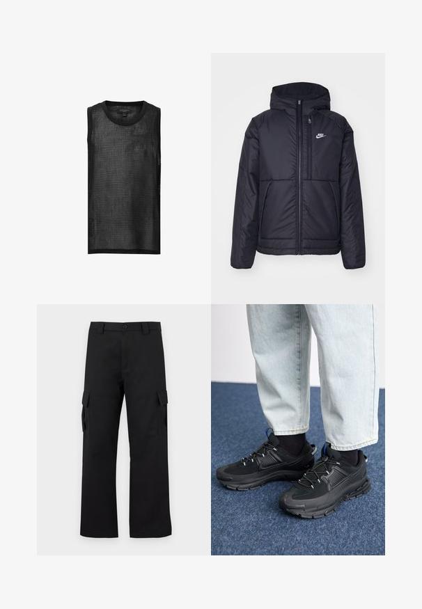 Jachetă Nike neagră, căptușită, cu fermoar pe față și glugă. Prezintă un logo alb pe pieptul stâng și două buzunare frontale. Textură exterioară netedă.; Top fără mâneci de plasă neagră, cu un model în grilaj, decolteu rotund și margini nefinisate. Material ușor și respirabil, cu o croială lejeră.; Pantaloni cargo negri cu un design drept. Confectionati dintr-un material durabil, avand doua buzunare laterale cu clapete si un sistem de inchidere cu nasture.; Pantofi sport negri, cu țesătură texturată și tălpi din cauciuc, având șireturi elastice și un accent albastru pe toc. Purtați cu pantaloni din denim deschis.