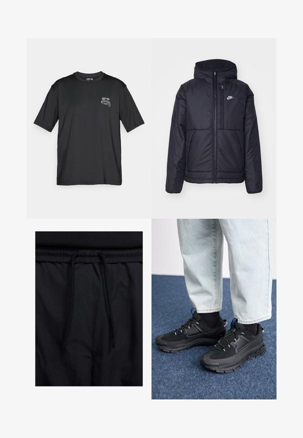 Giacca Nike nera, imbottita, con zip frontale e cappuccio. Presenta un logo bianco sul lato sinistro del petto e doppie tasche frontali. Texture esterna liscia.; Maglietta sportiva nera a maniche corte con piccole perforazioni sui lati e la scritta "KARMA" con un'illustrazione di un occhio sul petto sinistro.; Shorts neri con vita regolabile tramite coulisse, tessuto leggero con una texture liscia e un design semplice senza loghi o motivi visibili.; Scarpe sportive nere con tessuto testurizzato e suole in gomma, dotate di lacci elastici e un accento blu sul tallone. Indossate con pantaloni in denim chiaro.