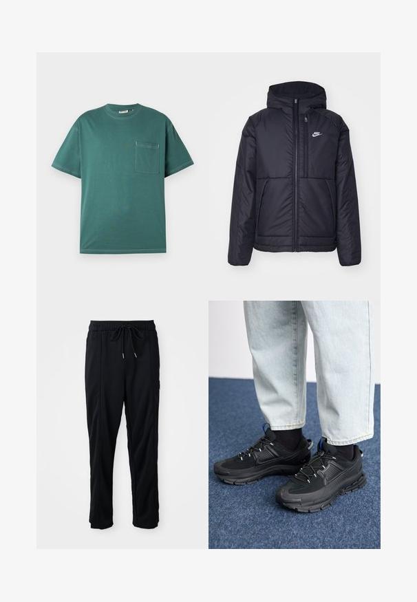 Black, padded Nike jacket with a front zipper and hood. Features a white logo on the left chest and dual front pockets. Smooth exterior texture.; Teal short-sleeve T-shirt with white stitching and a chest pocket on the left side, displayed against a plain white background.; Black drawstring waist casual pants with side seam pockets and straight leg cut on a plain background.; Black athletic shoes with textured fabric and rubber soles, featuring elastic laces and a blue accent on the heel. Worn with light denim pants.