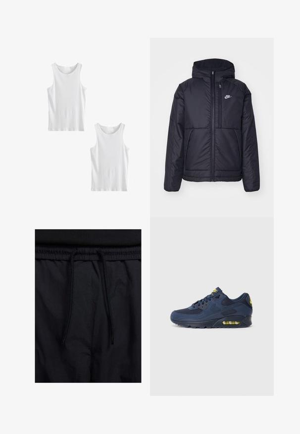 Zwarte, gewatteerde Nike-jas met een voorkant met ritssluiting en capuchon. Kenmerkt zich door een wit logo op de linkerborst en dubbele frontzakken. Gladde buitenkant.; Next TWO PACK - Top - white ribbed; Zwarte shorts met een drawstring tailleband, lichtgewicht stof met een zachte textuur en een eenvoudig ontwerp zonder zichtbare logo's of patronen.; Marineblauwe Nike Air Max sneakers met een bovenwerk van suede en mesh, voorzien van gele accenten, vetersluiting aan de voorkant en zichtbare luchtvering in de zool.
