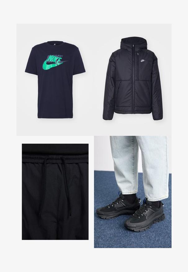 Jachetă Nike neagră, căptușită, cu fermoar pe față și glugă. Prezintă un logo alb pe pieptul stâng și două buzunare frontale. Textură exterioară netedă.; Tricou din bumbac bleu marin, cu un grafic al logo-ului Nike în verde și albastru închis pe piept. Mâneci scurte și decolteu rotund.; Șorturi negre cu un brâu reglabil, dintr-un material ușor cu o textură netedă și un design simplu, fără logo-uri sau modele vizibile.; Pantofi sport negri, cu țesătură texturată și tălpi din cauciuc, având șireturi elastice și un accent albastru pe toc. Purtați cu pantaloni din denim deschis.