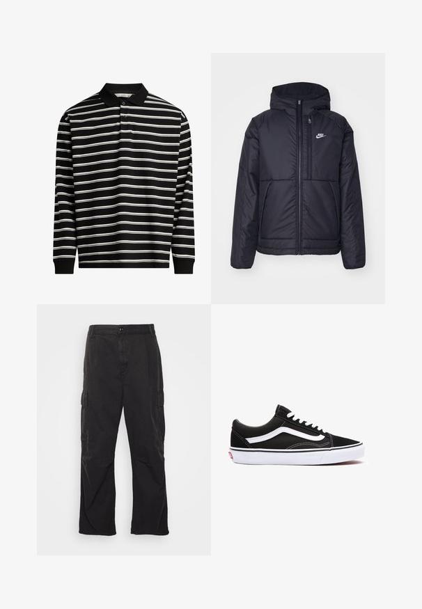 Musta, pehmustettu Nike-takki, jossa on etuvetoketju ja huppu. Vasemmassa rinnassa on valkoinen logo ja takissa on kaksinkertaiset etutaskut. Pintakoe on sileä.; Pitkähihainen poolopaita, joka on valmistettu mustasta kankaasta, jossa on valkoisia vaakaraitoja. Paidassa on kaulus ja kolme napinläpeä.; Mustat cargo-housut suoralinjaisella muotoilulla, joissa on kaksi sivutaskua, nappikiinnitys ja teksturoitu kangas.; Mustat kangaskengät valkoisilla yksityiskohdilla, joissa on pyöreä kärki, nauhakiristys ja kumipohja. Sivuilla näkyy logo ja ompeludetaljit.