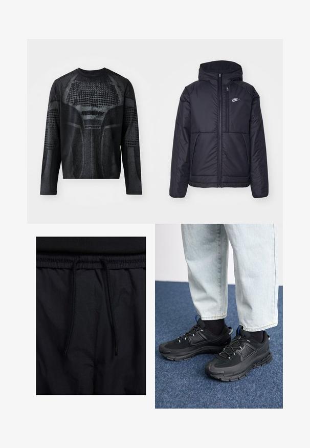 Black, padded Nike jacket with a front zipper and hood. Features a white logo on the left chest and dual front pockets. Smooth exterior texture.; Long-sleeve black athletic shirt featuring a textured graphic print in dark gray, with "MISHV" and "SPORT" branding on the front.; Black shorts featuring a drawstring waistband, lightweight fabric with a smooth texture, and a simple design without visible logos or patterns.; Black athletic shoes with textured fabric and rubber soles, featuring elastic laces and a blue accent on the heel. Worn with light denim pants.