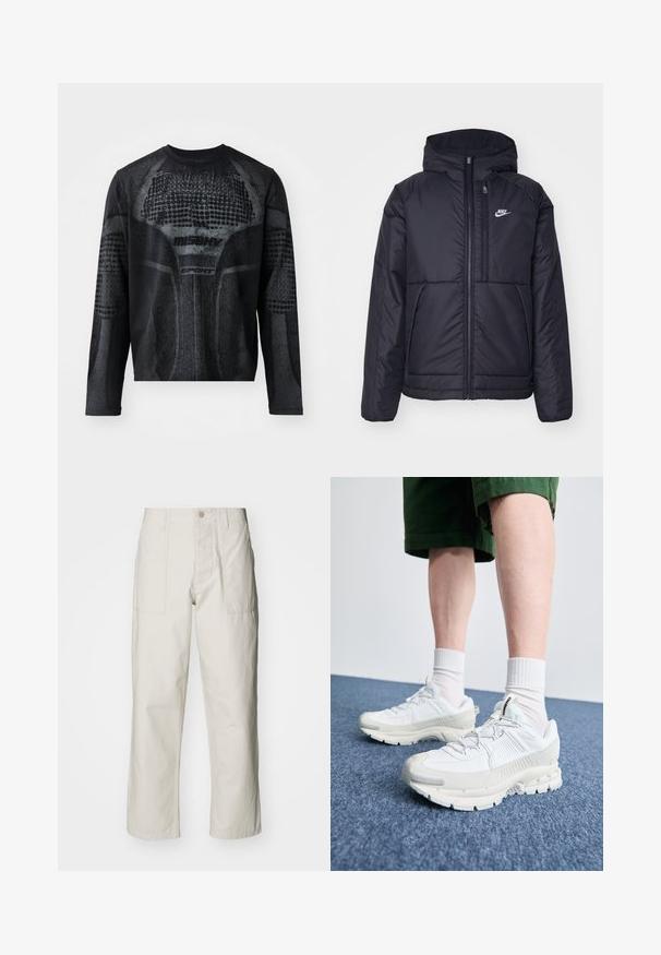 Schwarze, gepolsterte Nike-Jacke mit Frontreißverschluss und Kapuze. Hat ein weißes Logo auf der linken Brust und zwei Fronttaschen. Glattes äußeres Material.; Schwarzes, langärmliges Sportshirt mit einem strukturierten grafischen Druck in Dunkelgrau, mit dem Branding "MISHV" und "SPORT" auf der Vorderseite.; Helle beige weit geschnittene Hose aus Baumwolle. Verfügt über Fronttaschen und einen Knopfverschluss. Glatte Textur mit dezenten vertikalen Streifen.; Weiße Sportschuhe mit strukturierten Überzügen, einer dicken Sohle und grauen Akzenten. Tragen mit weißen Crew-Socken und grünen Shorts auf einer blauen Oberfläche.