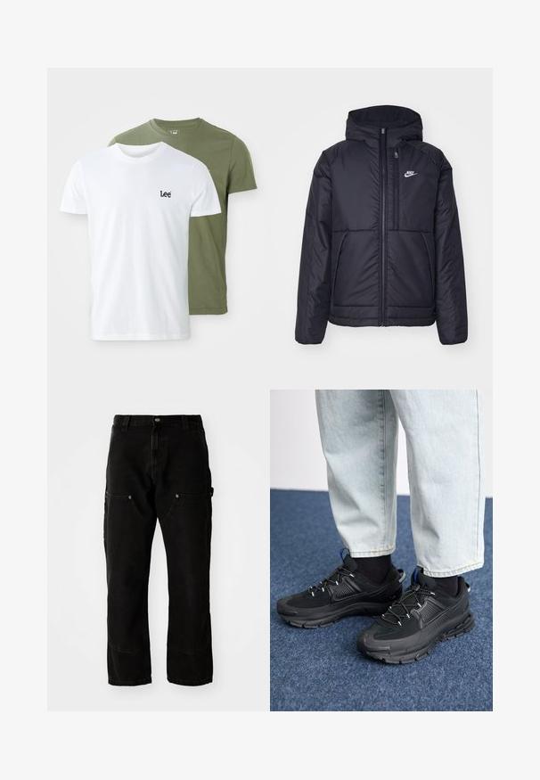 Fekete, párnázott Nike dzseki elülső cipzárral és kapucnival. A bal mellen fehér logó található, valamint két elülső zseb. Simának tűnő külső felület.; Két rövid ujjú póló: az egyik fehér, fekete "Lee" logóval, a másik olívazöld. Mindkettő puha pamutból készült, klasszikus szabású.; Fekete farmer cargo nadrág laza szabással, két elülső zsebbel, oldalzsebekkel és látható varrási részletekkel.; Fekete sportcipők texturált anyaggal és gumitalppal, elasztikus fűzőkkel és kék kiegészítővel a saroknál. Világos farmernadrággal viselve.