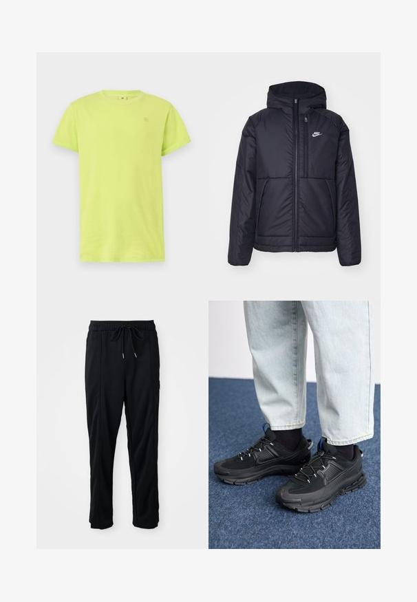 Casaco Nike preto, acolchoado, com fecho à frente e capuz. Apresenta um logo branco no lado esquerdo do peito e dois bolsos frontais. Textura exterior lisa.; T-shirt de algodão amarelo neon com mangas curtas, decote redondo e um pequeno logótipo impresso na parte superior esquerda do peito. Textura suave.; Calças casuais pretas com cordão na cintura, com bolsos laterais e corte reto, sobre um fundo simples.; Sapatilhas desportivas pretas com tecido texturizado e solas em borracha, apresentando atacadores elásticos e um detalhe azul no calcanhar. Usadas com calças de ganga claras.