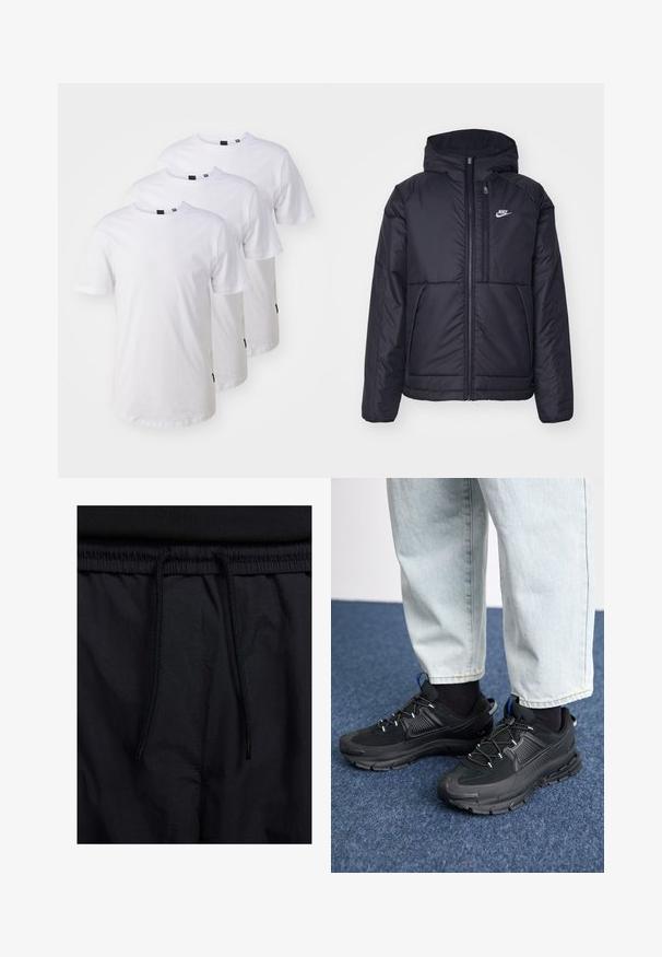 Črna, podložena Nike jakna z sprednjim zadrgo in kapuco. Ima bel logo na levem prsnem delu in dvojna sprednja žepa. Gladka zunanja tekstura.; Tri obične bele bombažne majice s kratkimi rokavi, okrogli izrezi in črnimi etiketicami na spodnjem robu. Klasičen kroj in gladka tekstura.; Črne kratke hlače z vrvico v pasu, lahkotna tkanina z gladko teksturo in preprosto zasnovo brez vidnih logotipov ali vzorcev.; Črne športne čevlje z teksturirano tkanino in gumijastimi podplati, ki imajo elastične vezalke ter modre poudarke na peti. Nosi se z lahkimi denim hlačami.