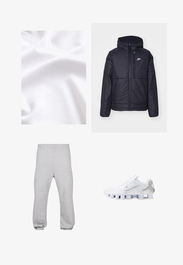 Must musta Nike jope, millel on ees lukuga avamine ja kapuuts. Vasakpoolne rind on kaunistatud valge logoga ning ees on kaks taskut. Sile välimine tekstuur.; Valge puuvillane kangas, millel on sile tekstuur, sisaldades pehmeid kortse ja voldid, mis rõhutavad selle pehmete, kergete omaduste olemasolu.; Hallide hallid puuvillasegusest kangast dressipüksid, millel on elastne vöökoht, kitsenevad jalad ja mansetid. Lihtne disain, ilma mustriteta.; Valged spordijalatsid, millel on tekstuuriga pealiskülg hõbedase Swooshi logoga, võrkkangast paneelid ja iseloomulik jagatud valge tallaga.}}