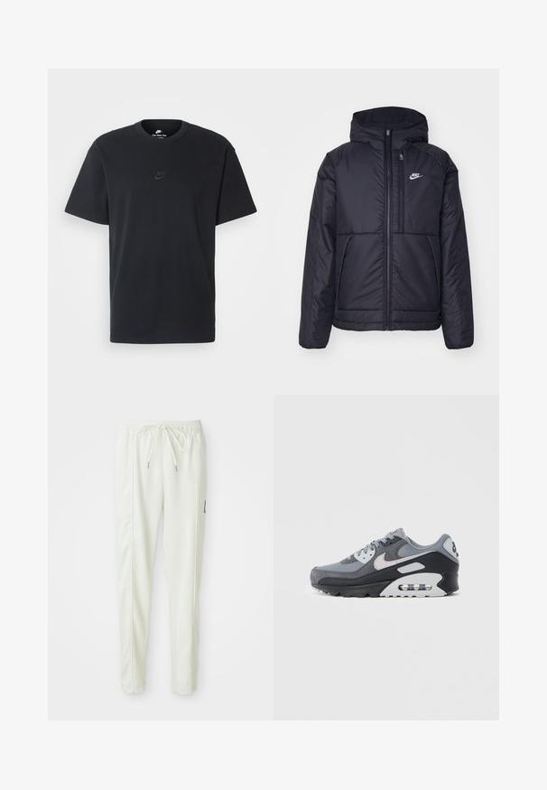 Jachetă Nike neagră, căptușită, cu fermoar pe față și glugă. Prezintă un logo alb pe pieptul stâng și două buzunare frontale. Textură exterioară netedă.; Tricou din bumbac negru Nike, cu guler rotund clasic, mâneci scurte și un logo subtil embosat pe piept. Textură netedă.; Pantaloni jogger slim-fit albi, cu talie elastică și șnur, cu detalii pe cusătura laterală și o mică etichetă neagră pe piciorul din dreapta.; Pantof sport gri, realizat dintr-un amestec de plasă și piele întoarsă, cu talpă neagră și unitate de aer vizibilă. Accente și șireturi gri deschis notabile.