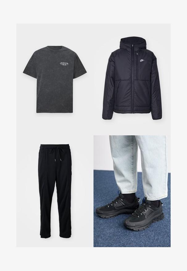 Melna, pufota Nike jaka ar priekšējo rāvējslēdzēju un kapuci. Iezīmēta ar baltu logotipu uz kreisās krūtis un divām priekšējām kabatām. Gluda ārējā tekstūra.; Eļļo melnas īsām piedurknēm T-krekls ar mazu baltu "Nike SB" logotipu un grafiku kreisajā krūtī.; Melnas bikses ar aukliņu jostas vietā, ar sānu kabatām un taisnu kāju griezumu uz vienkrāsaina fona.; Melni sporta apavi ar strukturētu audumu un gumijas zoli, ar elastīgām auklām un zilu akcentu uz papēža. Nēsāti ar gaišām džinsu biksēm.