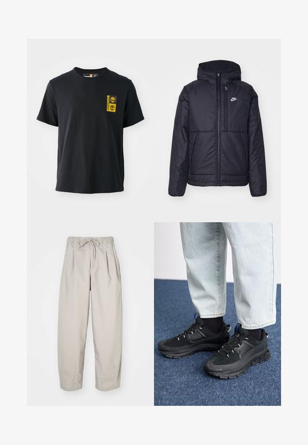 Melna, pufota Nike jaka ar priekšējo rāvējslēdzēju un kapuci. Iezīmēta ar baltu logotipu uz kreisās krūtis un divām priekšējām kabatām. Gluda ārējā tekstūra.; Melnas kokvilnas T-krekls ar īsām piedurknēm, apaļš dekoltē, kurā ir dzeltenais Timberland logotips kreisajā krūtīs. Gluda tekstūra.; Beige, viegla auduma bikses ar elastīgu jostu un auklu. Iespējas - krokas un brīvs piegriezums, izgatavotas no mīksta, gluda auduma.; Melni sporta apavi ar strukturētu audumu un gumijas zoli, ar elastīgām auklām un zilu akcentu uz papēža. Nēsāti ar gaišām džinsu biksēm.