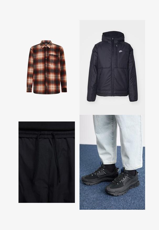 Must musta Nike jope, millel on ees lukuga avamine ja kapuuts. Vasakpoolne rind on kaunistatud valge logoga ning ees on kaks taskut. Sile välimine tekstuur.; Punane ja must ruuduline flanellpaita, millel on nööbid alla, pikad varrukad ja eest tasku. Pehme tekstuur ja ruuduline muster.; Mustad lühikesed püksid, millel on paelaga vöökoht, kerge kangas, mis on sileda tekstuuriga ning lihtne disain ilma nähtavate logode või mustriteta.; Mustad mustad jooksukingad, millel on tekstureeritud kangas ja kummist tallad, elastsed nöörid ning sinine aksent kandadel. Kandmine heledate teksadega.