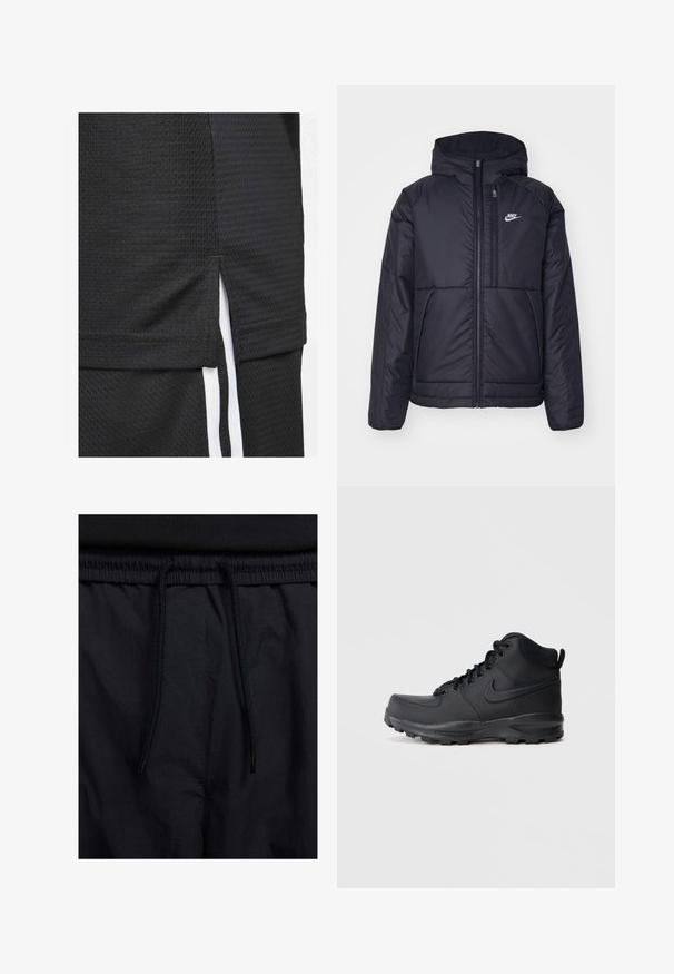 Svart, polstret Nike-jakke med frontglidelås og hette. Har en hvit logo på venstre bryst og doble frontlommer. Glatt ytterside.; Svart idrettsjersey laget av strukturert stoff, kort hem med sideslisser og hvite aksentstriper langs sidene.; Sorte shorts med snor i livet, lett stoff med en jevn tekstur, og et enkelt design uten synlige logoer eller mønstre.; Svarte høy-top sneakers med en glatt syntetisk overdel, rund tå, polstret krage og teksturert gummisåle. Har snøring og logo-aksent.