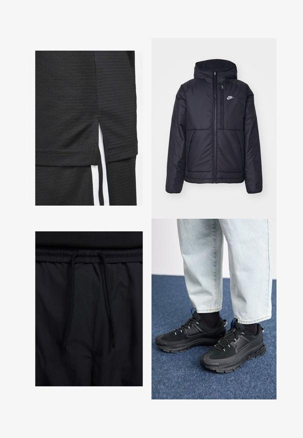 Czarna, pikowana kurtka Nike z przednim zamkiem błyskawicznym i kapturem. Posiada białe logo po lewej stronie klatki piersiowej oraz podwójne kieszenie z przodu. Gładka struktura zewnętrzna.; Czarna sportowa koszulka z teksturowanej tkaniny, krótkim dołem z bocznymi rozworami oraz białymi akcentami wzdłuż boków.; Czarne szorty z elastycznym paskiem na sznurku, lekkiego materiału o gładkiej fakturze oraz prostym wzornictwie bez widocznych logo czy wzorów.; Czarne buty sportowe z teksturowanej tkaniny i gumowymi podeszwami, z elastycznymi sznurówkami i niebieskim akcentem na pięcie. Noszone z jasnymi dżinsami.