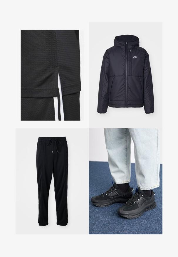 Casaco Nike preto, acolchoado, com fecho à frente e capuz. Apresenta um logo branco no lado esquerdo do peito e dois bolsos frontais. Textura exterior lisa.; Camisola atlética preta com tecido texturizado, bainha curta com fendas laterais e riscas brancas de realce nas laterais.; Calças casuais pretas com cordão na cintura, com bolsos laterais e corte reto, sobre um fundo simples.; Sapatilhas desportivas pretas com tecido texturizado e solas em borracha, apresentando atacadores elásticos e um detalhe azul no calcanhar. Usadas com calças de ganga claras.