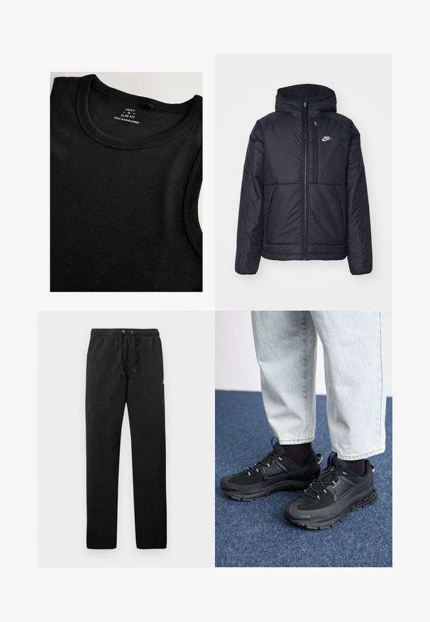 Schwarze, gepolsterte Nike-Jacke mit Frontreißverschluss und Kapuze. Hat ein weißes Logo auf der linken Brust und zwei Fronttaschen. Glattes äußeres Material.; Schwarzes Trägershirt aus geripptem Stoff mit Slim-Fit-Schnitt. Verfügt über einen runden Halsausschnitt und flache Nähte für eine glatte Verarbeitung.; Schwarze Sweatpants aus Fleece, mit einem elastischen Bund mit Kordelzug, zwei Fronttaschen und einem kleinen Logo auf dem Oberschenkel.; Schwarze Sportschuhe aus strukturiertem Stoff mit Gummisohlen, ausgestattet mit elastischen Schnürsenkeln und einem blauen Akzent an der Ferse. Getragen mit hellen Jeans.