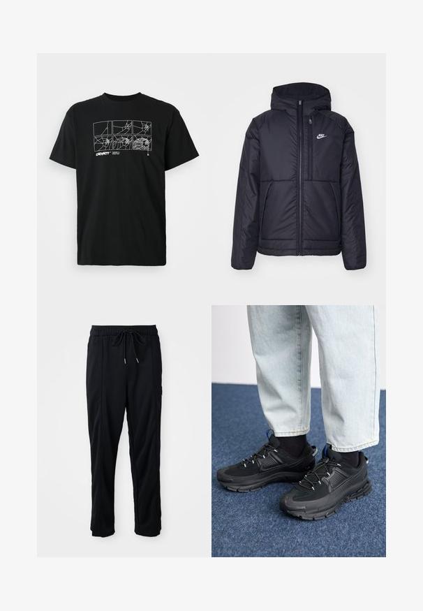 Schwarze, gepolsterte Nike-Jacke mit Frontreißverschluss und Kapuze. Hat ein weißes Logo auf der linken Brust und zwei Fronttaschen. Glattes äußeres Material.; Schwarzes Baumwoll-T-Shirt mit einer Grafik von Spinnennetzen in weißem Linienstil auf der Brust. Kurze Ärmel und ein Rundhalsausschnitt.; Schwarze lässige Hosen mit Kordelzug und seitlichen Eingrifftaschen sowie geradem Bein auf einem einfarbigen Hintergrund.; Schwarze Sportschuhe aus strukturiertem Stoff mit Gummisohlen, ausgestattet mit elastischen Schnürsenkeln und einem blauen Akzent an der Ferse. Getragen mit hellen Jeans.