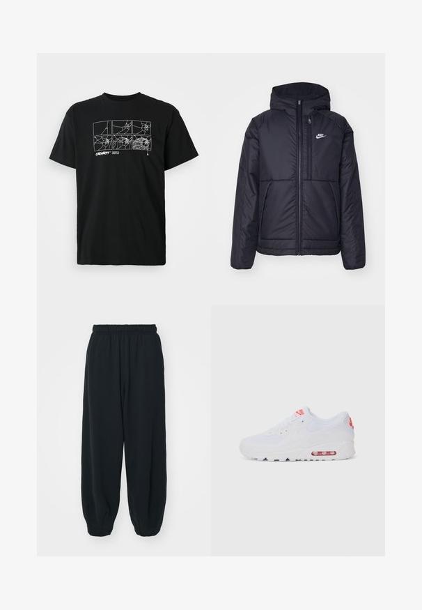 Fekete, párnázott Nike dzseki elülső cipzárral és kapucnival. A bal mellen fehér logó található, valamint két elülső zseb. Simának tűnő külső felület.; Fekete pamut póló, amelyen fehér vonalrajzzal készült pókhálók grafikája található a mellkasán. Rövid ujjú és kerek nyakú kivitel.; Fekete, rugalmas derékpántos melegítőnadrág, laza fit, véget érő szárakkal, sima textúrával, látható minták vagy hardver díszek nélkül.; Fehér sportcipő, sima felsőrésszel, fűzős zárással, párnázott talppal és látható légpárnával, piros részletekkel a logón.