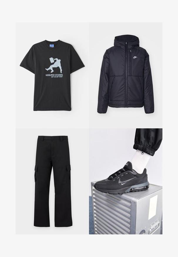 Černá zateplená bunda Nike s předním zipem a kapucí. Na levé straně hrudi má bílé logo a dvojité přední kapsy. Hladký povrch.; Černé bavlněné tričko s krátkým rukávem, na němž je světle modrý grafický motiv osoby držící aktovku a text "KIDSUPER STUDIOS GET UP, GET GOIN'."; Černé cargo kalhoty s rovnou nohavicí. Vyrobené z odolného materiálu, obsahují dvě boční kapsy se zapínáním na klopu a knoflíkový zip.; Nike Sportswear PULSE - Tenisky - black/anthracite