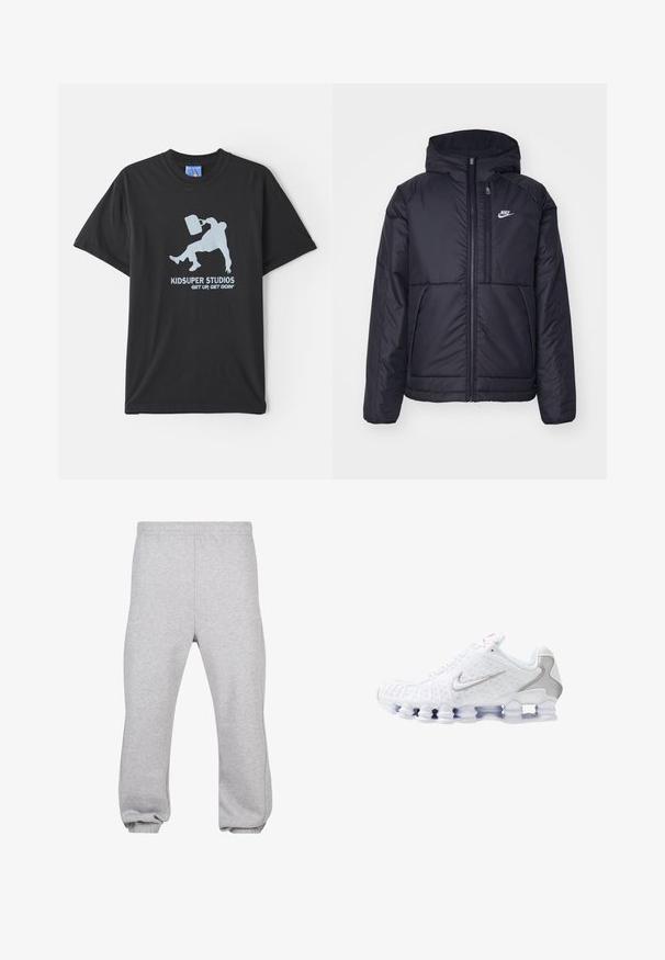 Black, padded Nike jacket with a front zipper and hood. Features a white logo on the left chest and dual front pockets. Smooth exterior texture.; Black cotton T-shirt with short sleeves, featuring a light blue graphic of a person holding a briefcase and text "KIDSUPER STUDIOS GET UP, GET GOIN'."; Gray sweatpants made of cotton blend, featuring an elastic waistband, tapered legs, and cuffed hems. Simple design with no patterns.; White athletic shoes featuring a textured upper with a silver swoosh logo, mesh panels, and a distinctive segmented white sole.