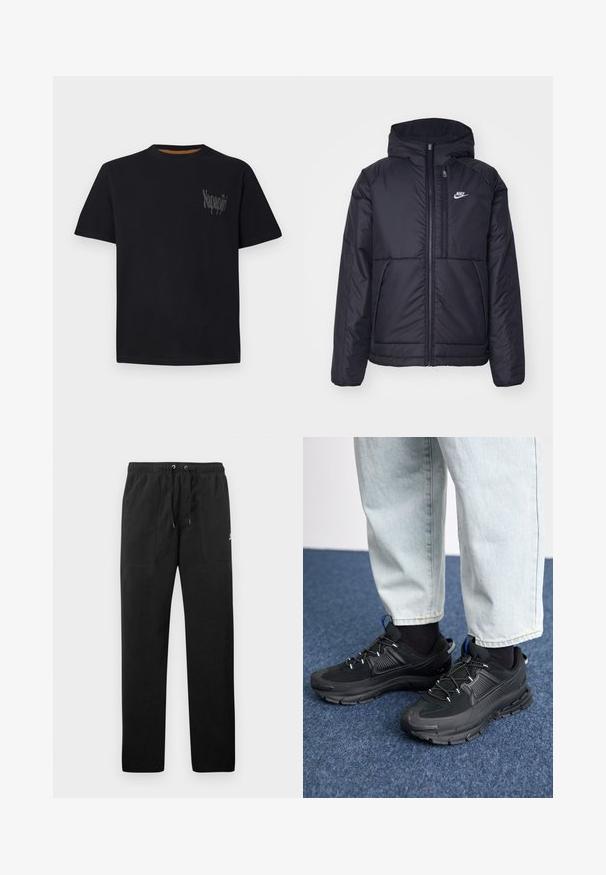 Čierna, polstrovaná bunda Nike so zipsom vpredu a kapucňou. Na ľavej strane hrude sa nachádza biele logo a sú tu dva predné vrecká. Hladký vonkajší povrch.; Čierne bavlnené tričko s okrúhlym výstrihom, krátkymi rukávmi a textúrovaným sivým logom na ľavej hrudi. Hladká tkanina s bežným strihom.; Čierne teplákové nohavice vyrobené z flísu, s elastickým pásom a šnúrkami na zaväzovanie, dvoma prednými vreckami a malým logom na stehne.; Čierne športové topánky s textúrovanou tkaninou a gumovou podrážkou, so elastickými šnúrkami a modrým akcentom na päte. Nosia sa s svetlými riflami.