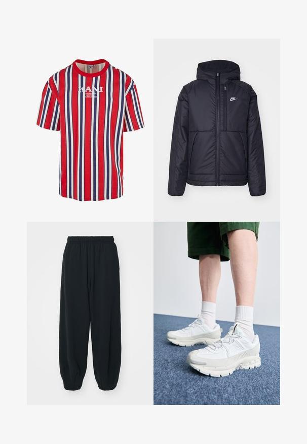 Černá zateplená bunda Nike s předním zipem a kapucí. Na levé straně hrudi má bílé logo a dvojité přední kapsy. Hladký povrch.; Červeno-modro-bílý pruhovaný tričko s krátkým rukávem a kulatým výstřihem. Uprostřed se nachází bílé logo KANI. Vyrobeno z bavlny.; Černé teplákové kalhoty s elastickým pasem, volným střihem, manžetami na kotnících, hladkým povrchem a bez viditelných vzorů či kovových detailů.; Bílé sportovní boty s texturovanými překryvy, masivní podrážkou a šedými akcenty. Na nohou mají bílé ponožky a zelené šortky na modrém povrchu.