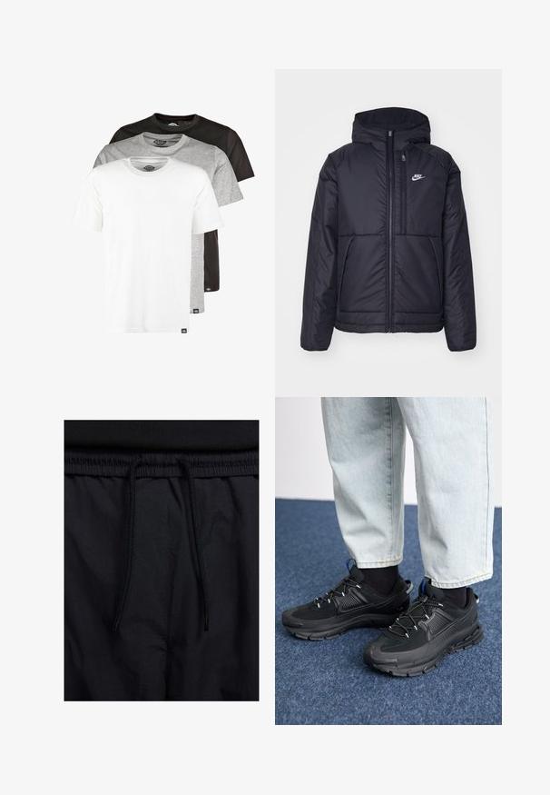 Črna, podložena Nike jakna z sprednjim zadrgo in kapuco. Ima bel logo na levem prsnem delu in dvojna sprednja žepa. Gladka zunanja tekstura.; Dickies 3 PACK - Navadna majica - schwarz/grau/weiß; Črne kratke hlače z vrvico v pasu, lahkotna tkanina z gladko teksturo in preprosto zasnovo brez vidnih logotipov ali vzorcev.; Črne športne čevlje z teksturirano tkanino in gumijastimi podplati, ki imajo elastične vezalke ter modre poudarke na peti. Nosi se z lahkimi denim hlačami.