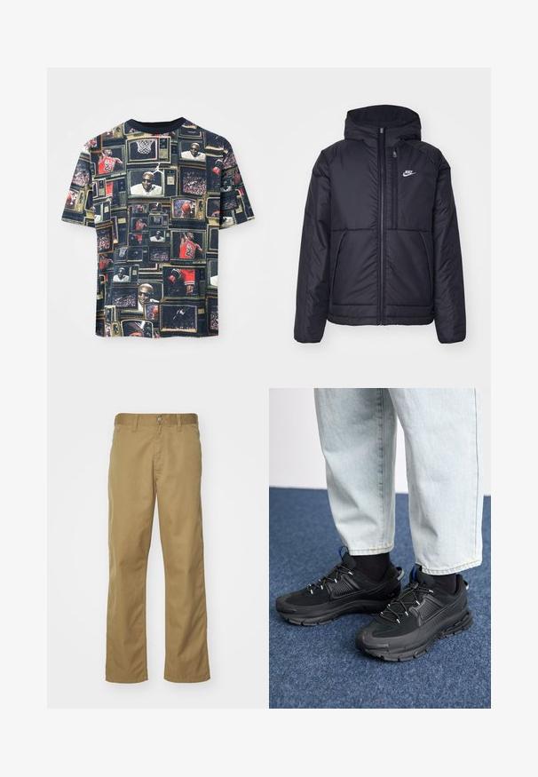 Zwarte, gewatteerde Nike-jas met een voorkant met ritssluiting en capuchon. Kenmerkt zich door een wit logo op de linkerborst en dubbele frontzakken. Gladde buitenkant.; Grafische T-shirt met een collage van vintage tv's die basketbalacties en spelers tonen, voornamelijk in donkere kleuren met een ronde hals.; Khaki chino's met een recht gesneden ontwerp, gemaakt van soepel katoenstof. Voorzien van een knoopsluiting aan de voorkant en zijzakken.; Zwarte sportschoenen met gestructureerde stof en rubberen zolen, met elastische veters en een blauwe accent op de hiel. Draag samen met lichte spijkerbroeken.