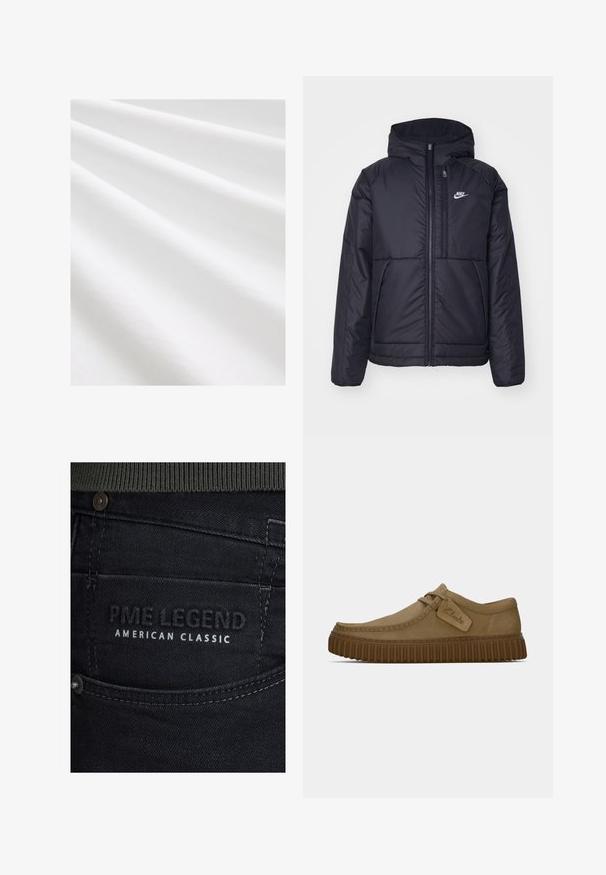 Črna, podložena Nike jakna z sprednjim zadrgo in kapuco. Ima bel logo na levem prsnem delu in dvojna sprednja žepa. Gladka zunanja tekstura.; Bombažna tkanina, bela barva, gladka tekstura z rahlim gubanjem in na pregibih. Enotna površina, rahlo odsevna, brez vzorcev ali dodatkov.; Črne jeans hlače iz denima imajo teksturiran zaključek z diskretnim sijajem. Na etiketi je napis "PME LEGEND AMERICAN CLASSIC" v embosiranih belih črkah.; Svetlo rjave antilop čevlje z ovalnim nosom, šivi in ribasto rjavo gumijasto podplat. Ima stransko oznako z logotipom "Clarks".