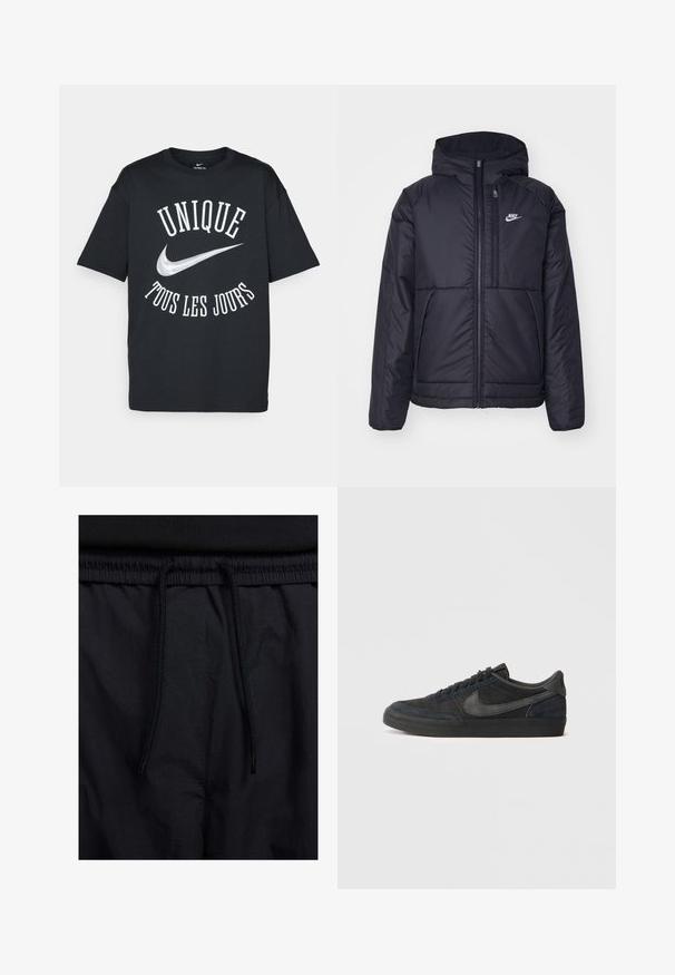 Crna Nike jakna s podstavom, dugmadi sprijeda i kapuljačom. Ima bijeli logotip na lijevoj strani prsnog koša i dva prednja džepa. Glatka vanjska tekstura.; Crna pamučna majica s bijelim natpisom "UNIQUE TOUS LES JOURS" i srebrnim Nike logom. Klasičan dizajn s okruglim izrezom i kratkim rukavima.; Crne kratke hlače s pojasom na vezanje, lagani materijal s glatkom teksturom i jednostavan dizajn bez vidljivih logotipa ili uzoraka.; Crne antilop tenisice s niskim profilom, gumeni potplat, teksturirani bočni paneli i tonirana Nike swoosh oznaka. Upitne na prednjem dijelu, podstavljen ovratnik.