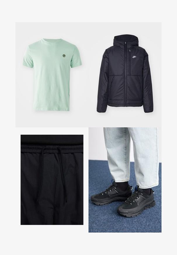 Fekete, párnázott Nike dzseki elülső cipzárral és kapucnival. A bal mellen fehér logó található, valamint két elülső zseb. Simának tűnő külső felület.; Mentazöld pamut póló kerek nyakkivágással és rövid ujjakkal. A bal mellen egy kis sötétzöld fa logó található. Sima textúra.; Fekete rövidnadrág, húzózsinórral ellátott derékrésszel, könnyű anyagból, sima felszínen, egyszerű dizájnnal, látható logók vagy minták nélkül.; Fekete sportcipők texturált anyaggal és gumitalppal, elasztikus fűzőkkel és kék kiegészítővel a saroknál. Világos farmernadrággal viselve.