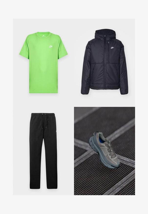 Čierna, polstrovaná bunda Nike so zipsom vpredu a kapucňou. Na ľavej strane hrude sa nachádza biele logo a sú tu dva predné vrecká. Hladký vonkajší povrch.; Zelené tričko z bavlny s krátkym rukávom, okrúhlym výstrihom a malým bielym logom Nike na ľavej strane hrudníka. Hladká textúra, štandardný strih.; Čierne teplákové nohavice vyrobené z flísu, s elastickým pásom a šnúrkami na zaväzovanie, dvoma prednými vreckami a malým logom na stehne.; Béžová a šedá športová obuv s textúrovaným sieťovaným zvrškom, okrúhlou špičkou a gumovou podrážkou, vybavená šnúrkami a polstrovaným golierom.