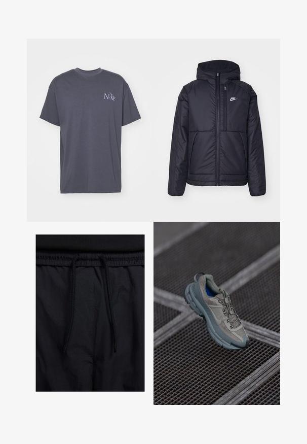 Casaco Nike preto, acolchoado, com fecho à frente e capuz. Apresenta um logo branco no lado esquerdo do peito e dois bolsos frontais. Textura exterior lisa.; T-shirt de algodão cinza escuro com decote redondo e mangas curtas. Apresenta um pequeno logotipo roxo da "Nike" no canto superior esquerdo do peito.; Calções pretos com um cós elástico ajustável, fabricados em tecido leve com uma textura suave e um design simples, sem logótipos ou padrões visíveis.; Sapatilha atlética bege e cinza com parte superior em malha texturizada, ponta arredondada e sola de borracha, com atacadores e colarinho almofadado.