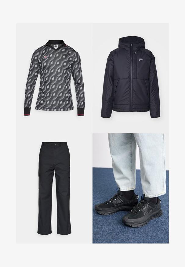 Fekete, párnázott Nike dzseki elülső cipzárral és kapucnival. A bal mellen fehér logó található, valamint két elülső zseb. Simának tűnő külső felület.; Hosszúujjú focimez sötétszürke színben, világosabb árnyalatú geometrikus mintával, fekete gallérral és piros díszcsíkokkal a mandzsettákon.; Fekete cargo nadrág egyenes szárú kialakítással, oldalsó zsebekkel és texturált anyaggal. Gombos zárás a deréknál a biztonságos illeszkedésért.; Fekete sportcipők texturált anyaggal és gumitalppal, elasztikus fűzőkkel és kék kiegészítővel a saroknál. Világos farmernadrággal viselve.